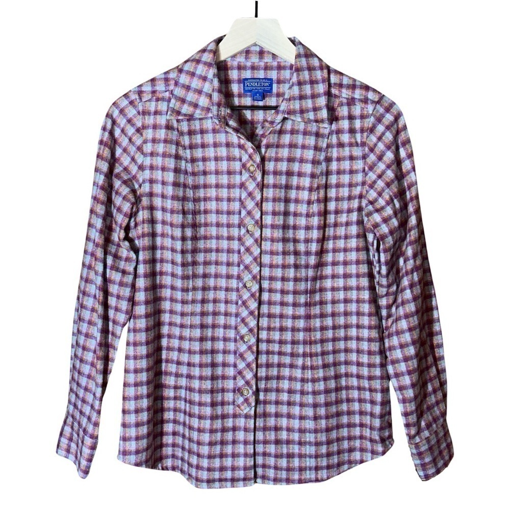 🌟 Pendleton Womens Virgin Wool Purple/Orange Plaid Button Down Shacket Wes…